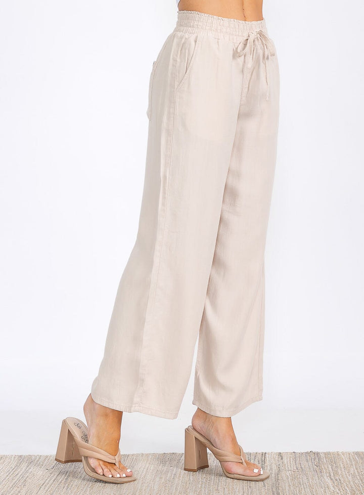 WOMEN'S ELASTIC WAIST FRONT POCKETS WIDE LEG PANTS