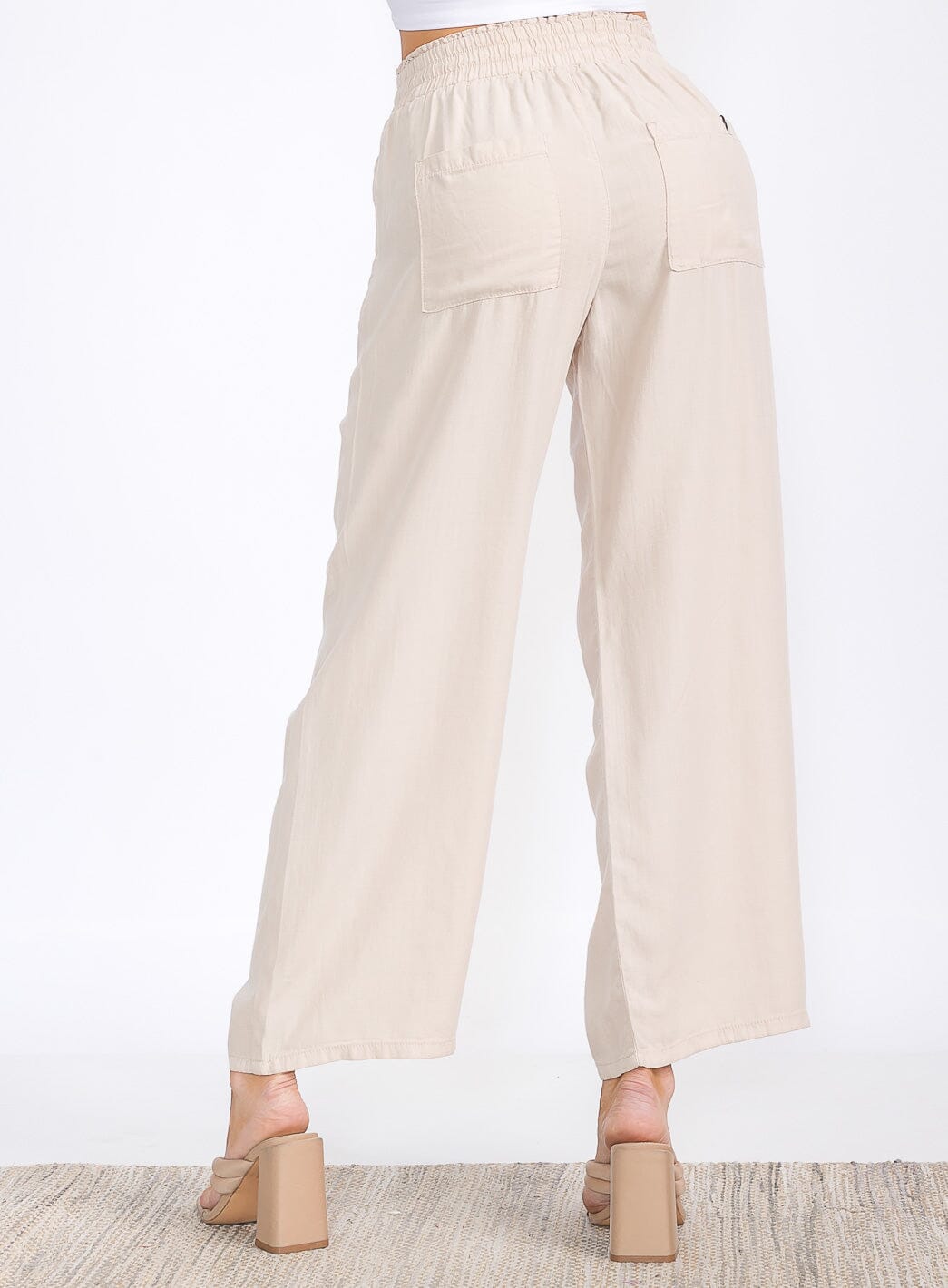 WOMEN'S ELASTIC WAIST FRONT POCKETS WIDE LEG PANTS