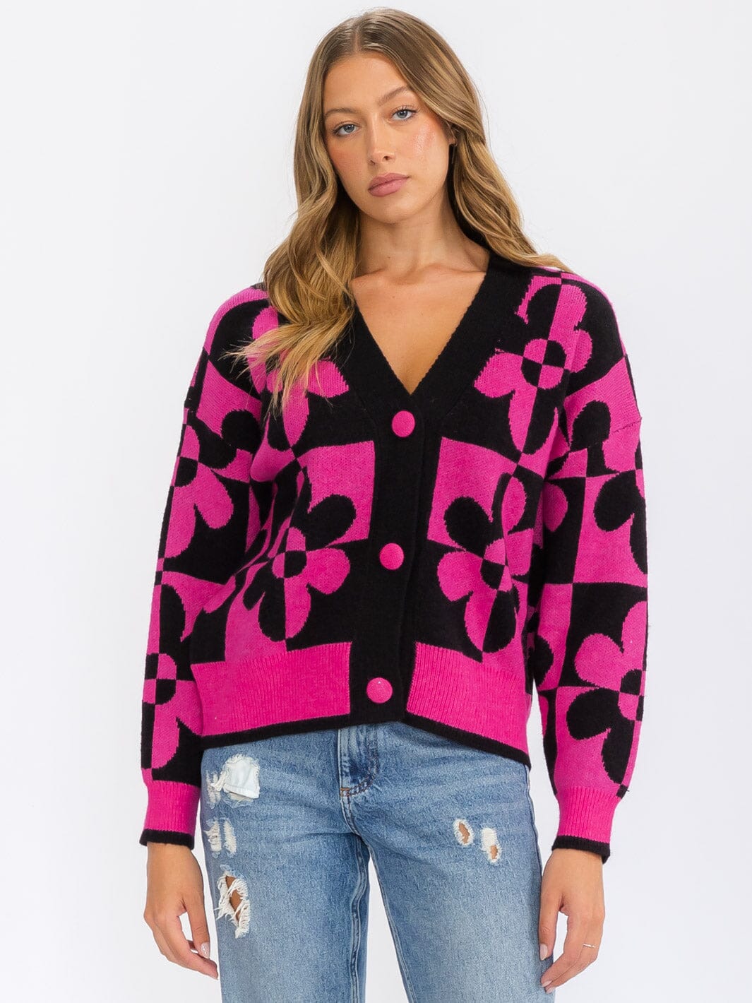 WOMEN'S LONG SLEEVE BUTTON CLOSURE FLOWER CARDIGAN SWEATER