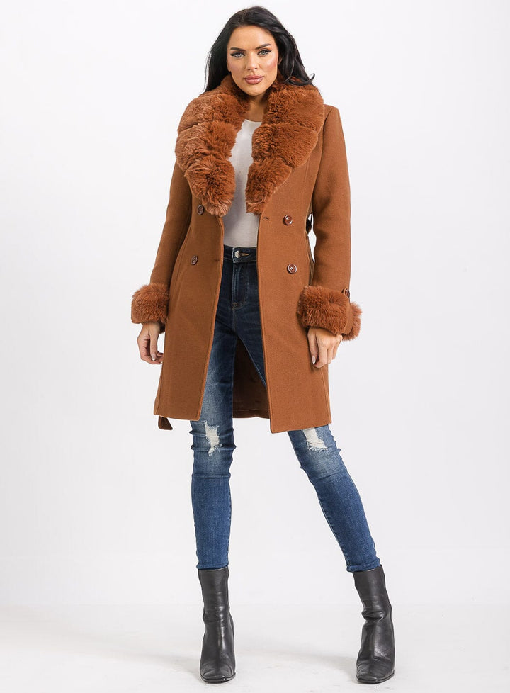 WOMEN'S LONG SLEEVE BUTTON CLOSURE FRONT POCKETS REMOVABLE FAUX FUR COAT