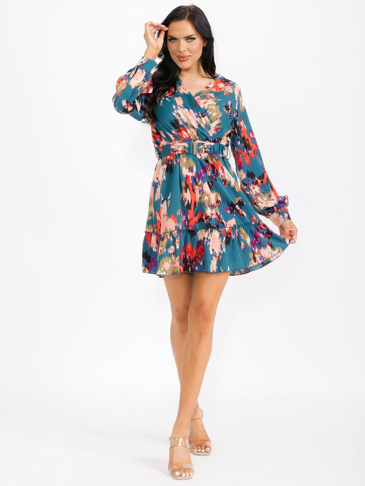WOMEN'S LONG SLEEVE SURPLICE BELTED MULTI PRINT MINI DRESS
