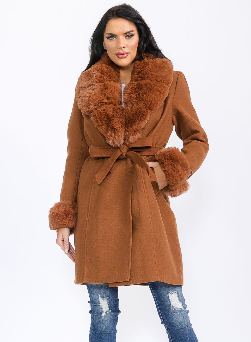 WOMEN'S LONG SLEEVE BUTTON CLOSURE FRONT POCKETS REMOVABLE FAUX FUR COAT