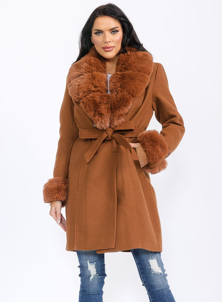 WOMEN'S LONG SLEEVE BUTTON CLOSURE FRONT POCKETS REMOVABLE FAUX FUR COAT