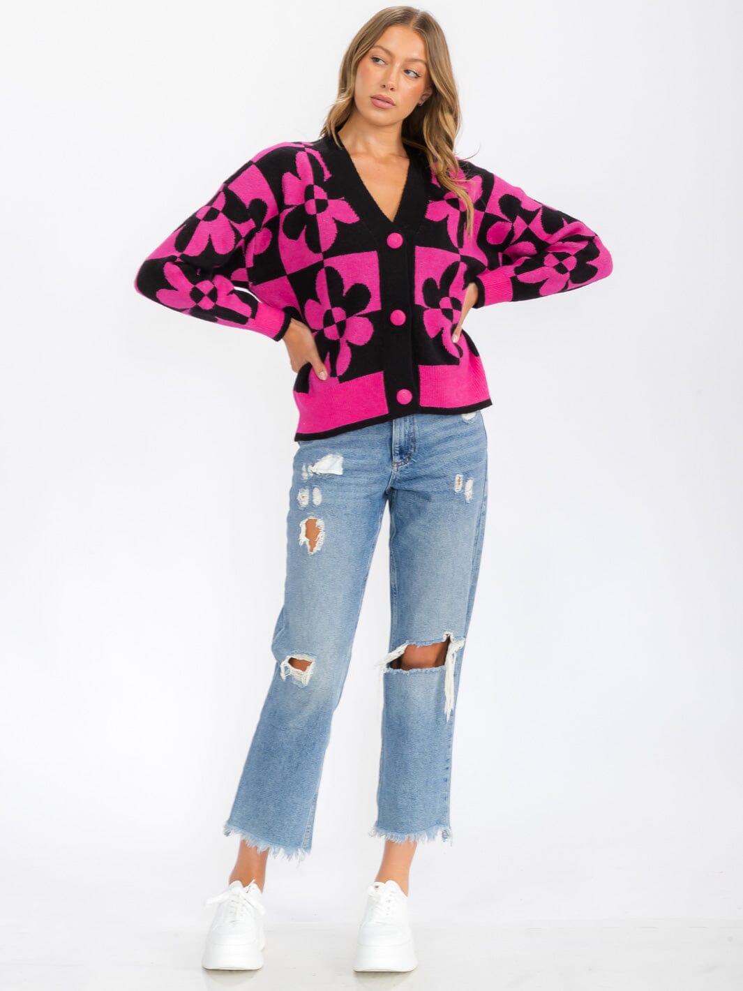 WOMEN'S LONG SLEEVE BUTTON CLOSURE FLOWER CARDIGAN SWEATER