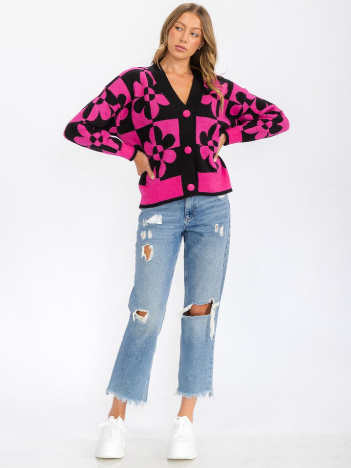 WOMEN'S LONG SLEEVE BUTTON CLOSURE FLOWER CARDIGAN SWEATER