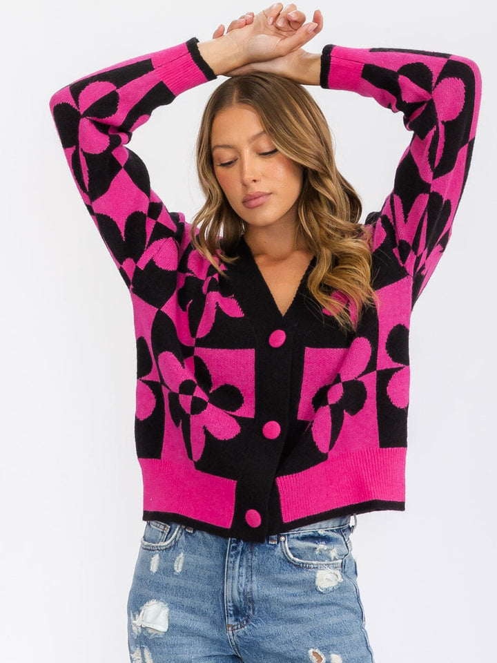 WOMEN'S LONG SLEEVE BUTTON CLOSURE FLOWER CARDIGAN SWEATER