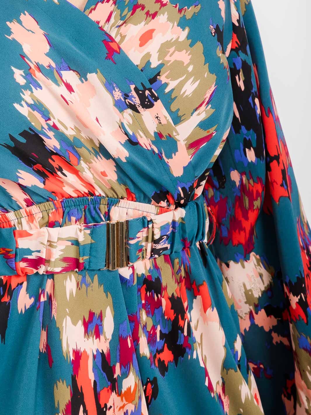 WOMEN'S LONG SLEEVE SURPLICE BELTED MULTI PRINT MINI DRESS