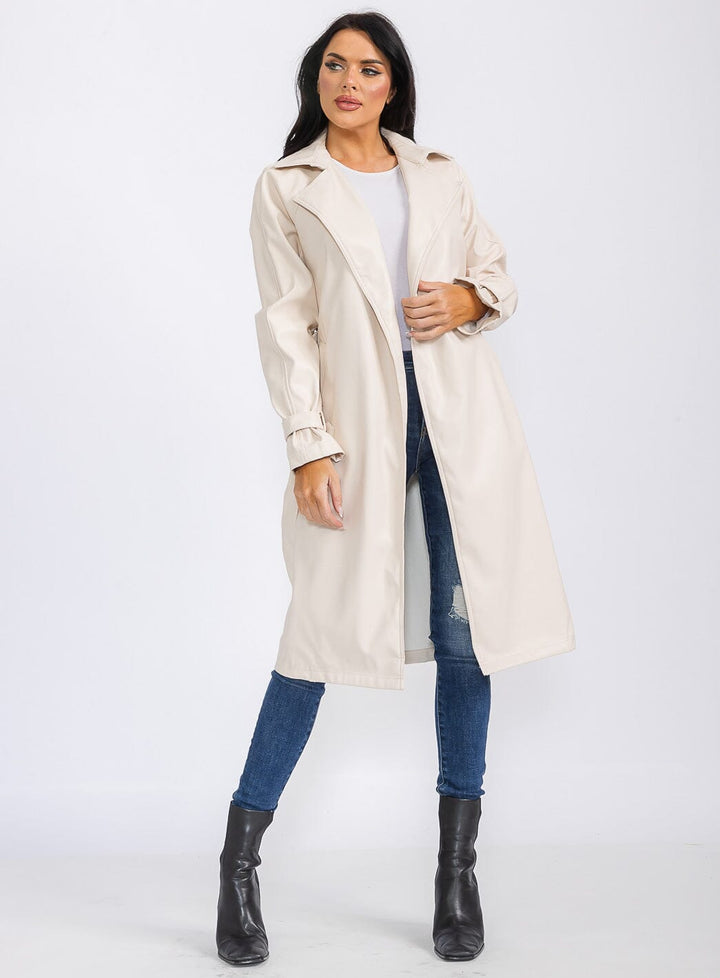 WOMEN'S LONG SLEEVE OPEN FRONT POCKETS BELTED PU PLEATHER COAT