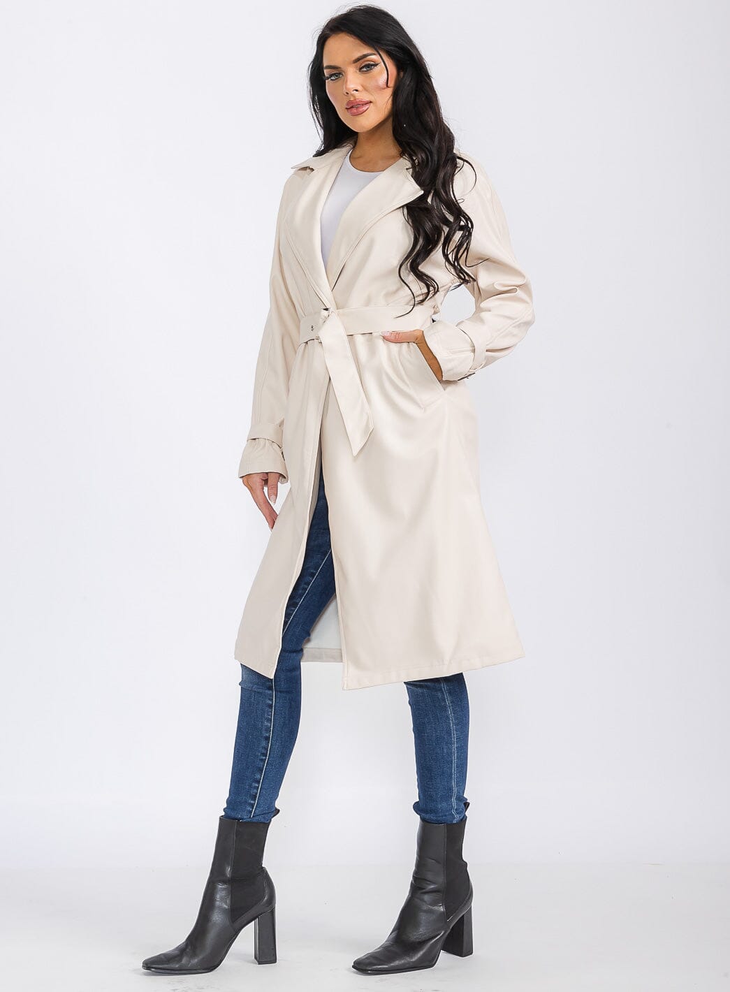 WOMEN'S LONG SLEEVE OPEN FRONT POCKETS BELTED PU PLEATHER COAT