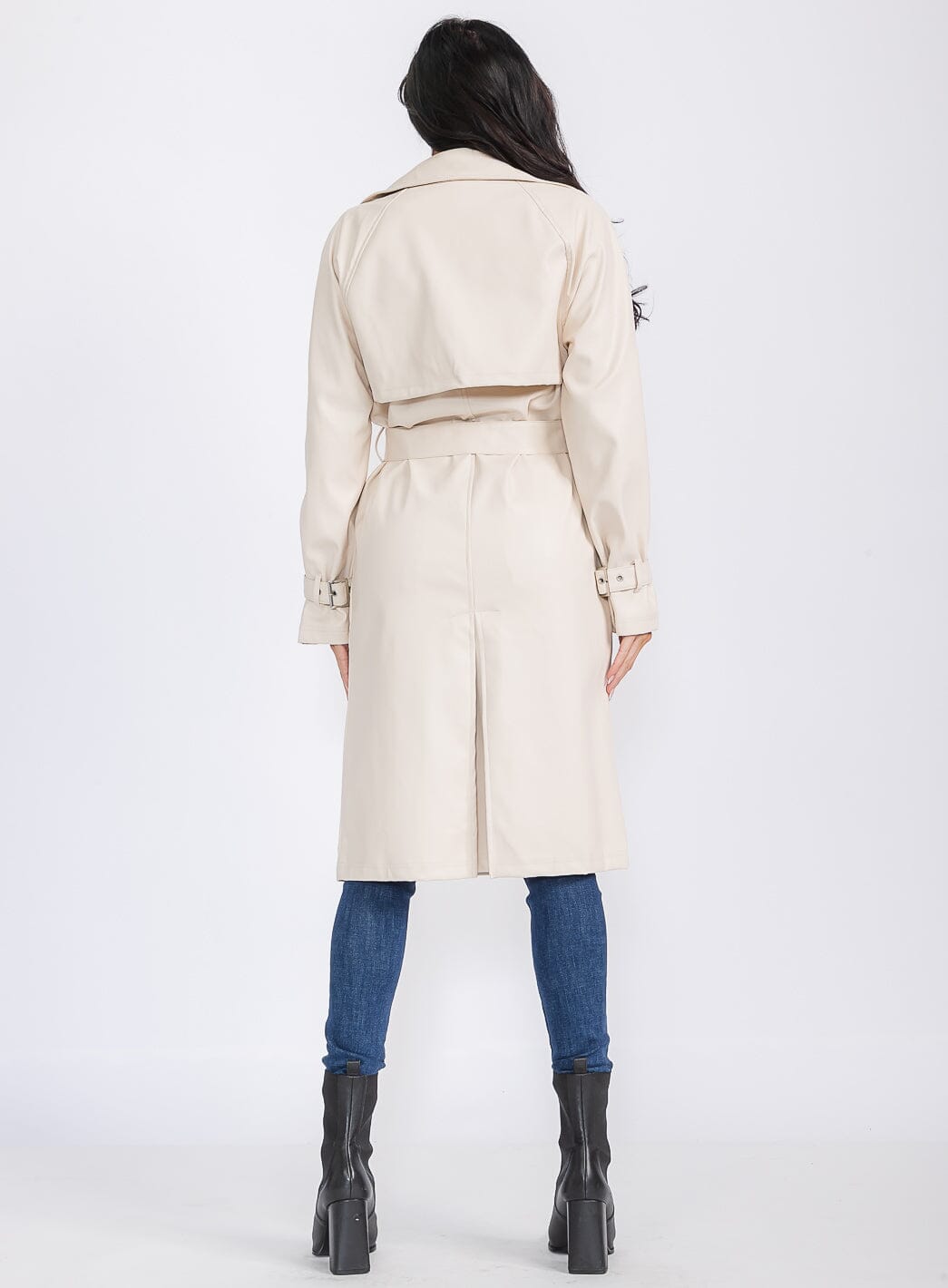 WOMEN'S LONG SLEEVE OPEN FRONT POCKETS BELTED PU PLEATHER COAT