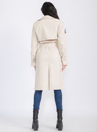 WOMEN'S LONG SLEEVE OPEN FRONT POCKETS BELTED PU PLEATHER COAT