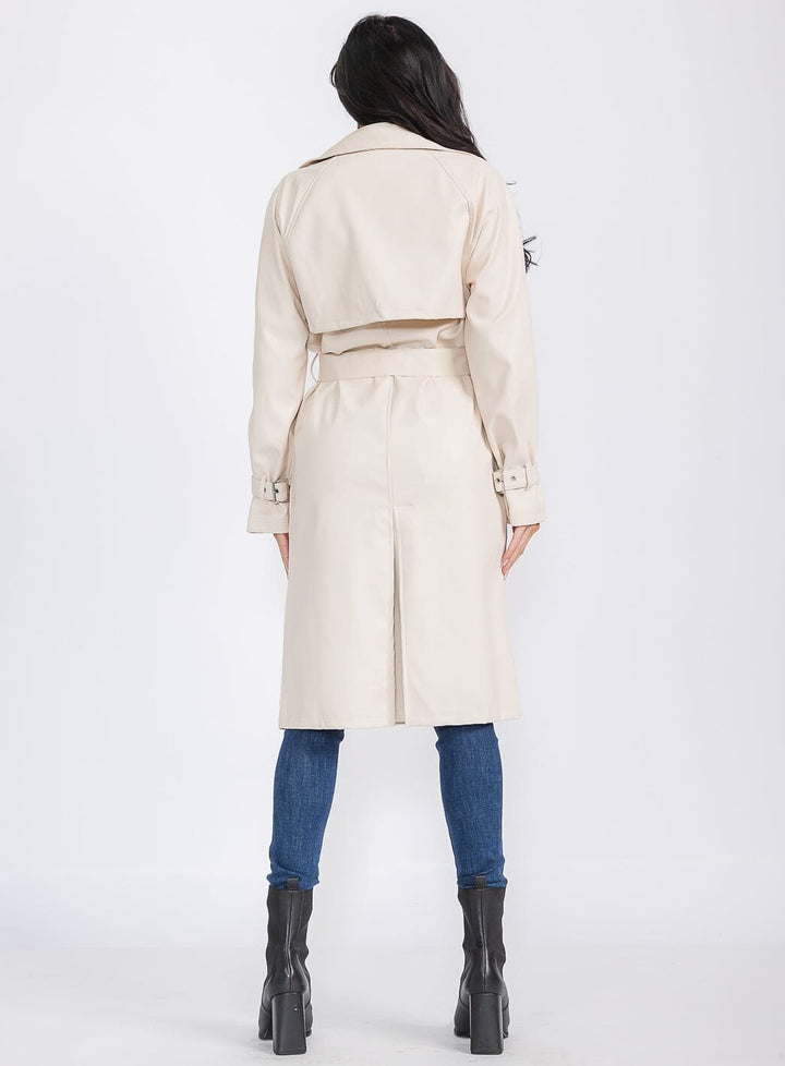 WOMEN'S LONG SLEEVE OPEN FRONT POCKETS BELTED PU PLEATHER COAT