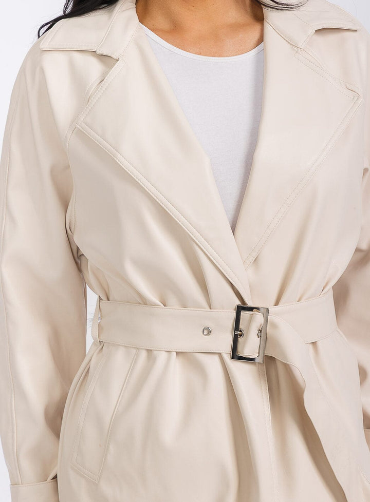 WOMEN'S LONG SLEEVE OPEN FRONT POCKETS BELTED PU PLEATHER COAT