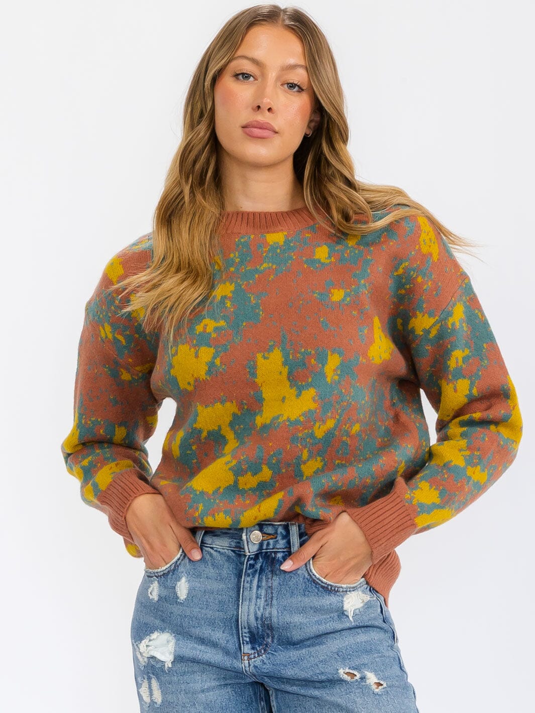 WOMEN'S LONG SLEEVE MULTI PRINT PULLOVER SWEATER