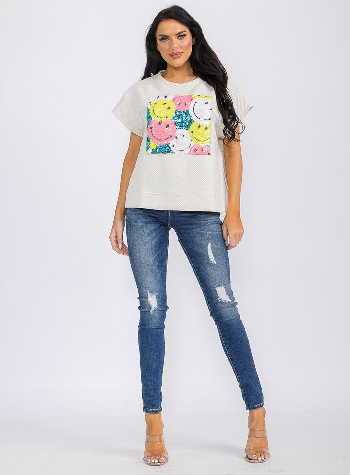 WOMEN'S SHORT SLEEVE SEQUINS GRAPHIC TOP