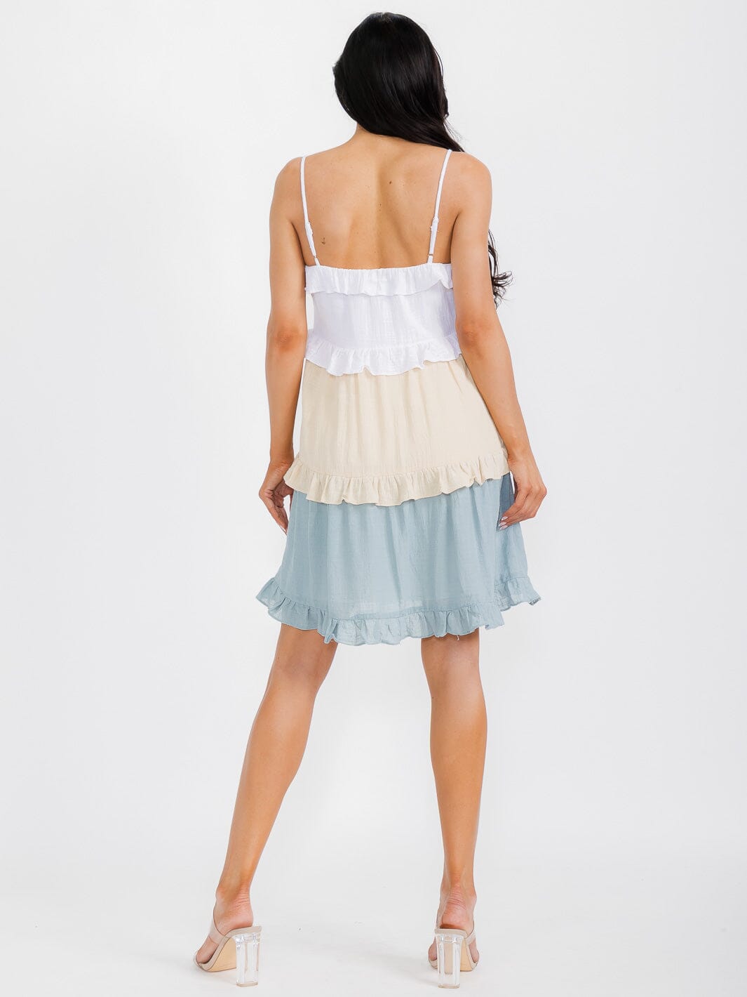 WOMEN'S SLEEVELESS FRONT POCKETS TIERED COLORBLOCK TUNIC MINI DRESS