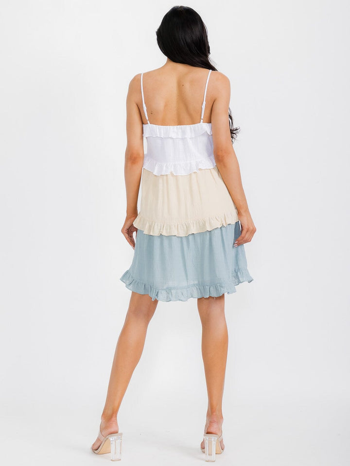 WOMEN'S SLEEVELESS FRONT POCKETS TIERED COLORBLOCK TUNIC MINI DRESS