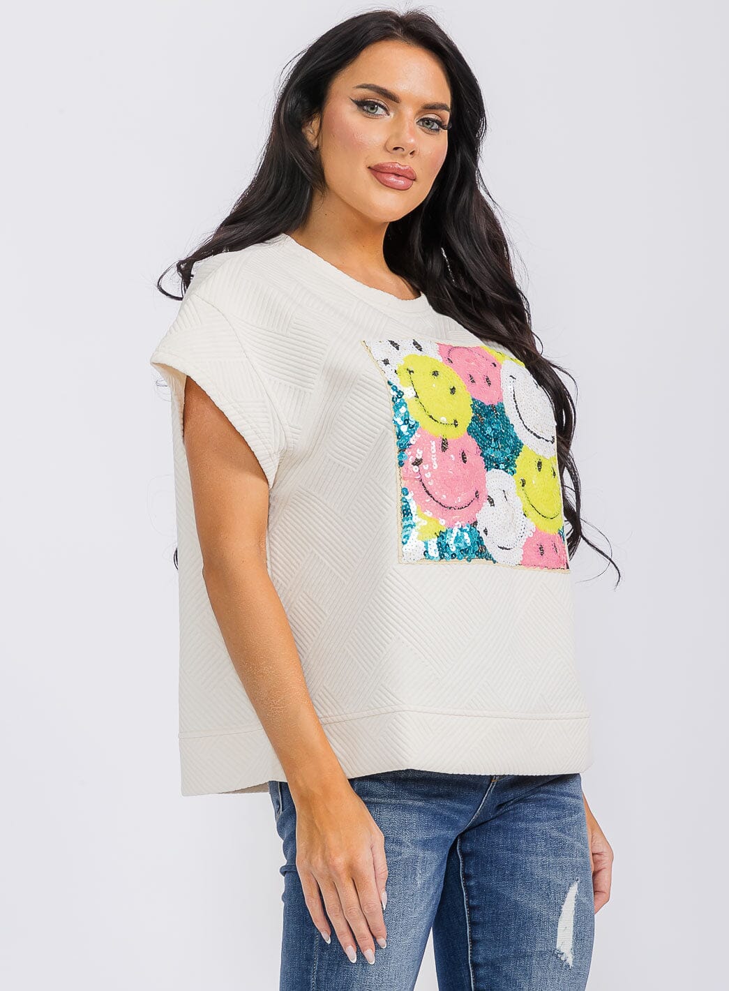 WOMEN'S SHORT SLEEVE SEQUINS GRAPHIC TOP