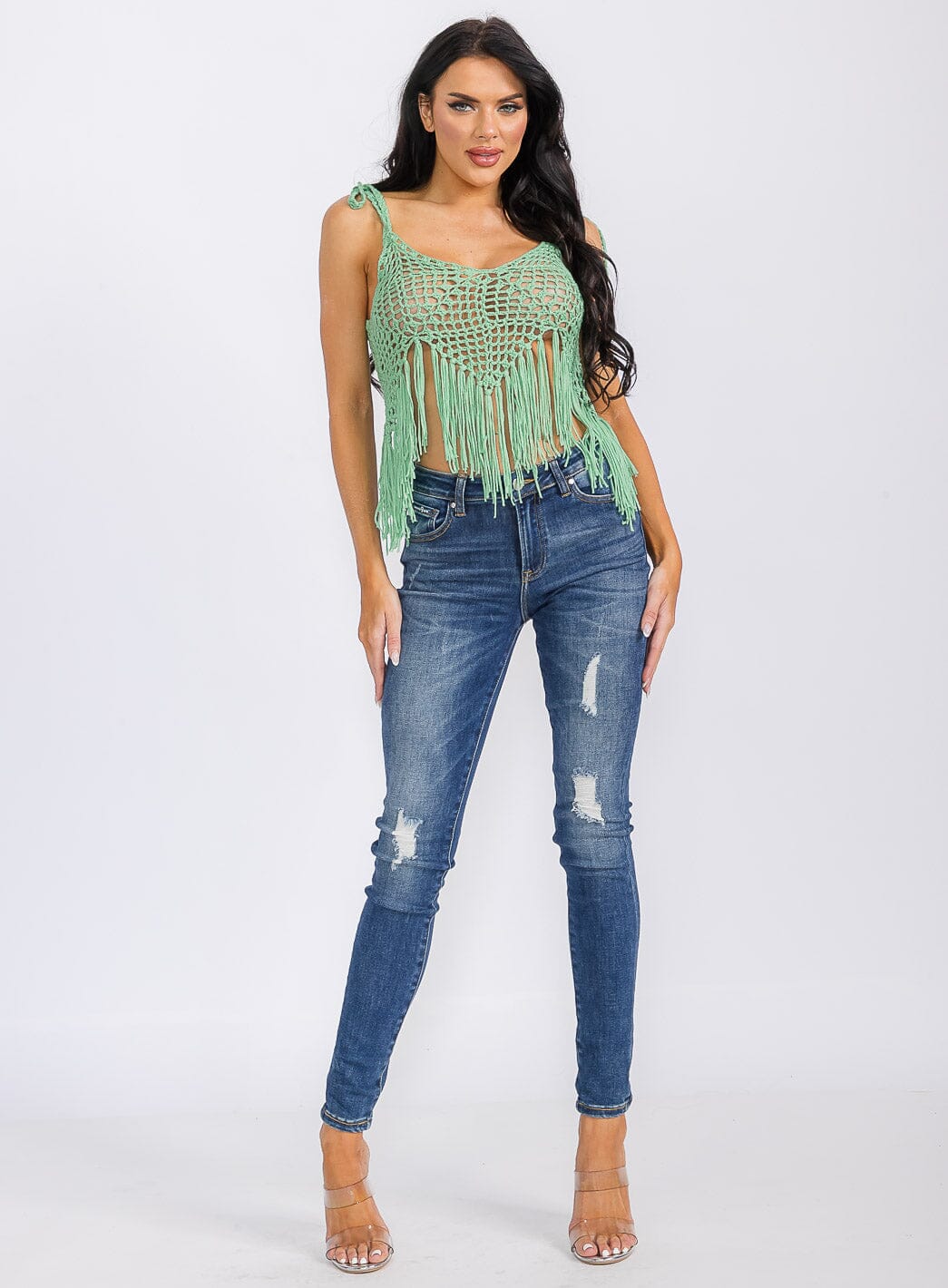 WOMEN'S SLEEVELESS V-NECK KNITTED FRINGE TANK TOP