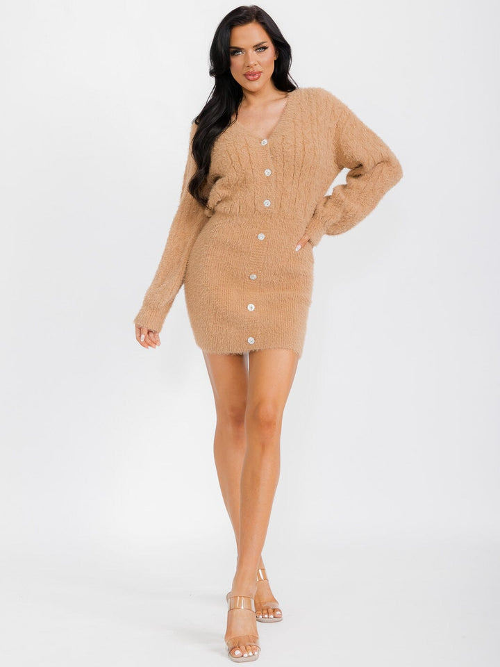 WOMEN'S LONG SLEEVE BUTTON UP BODYCON MINI DRESS
