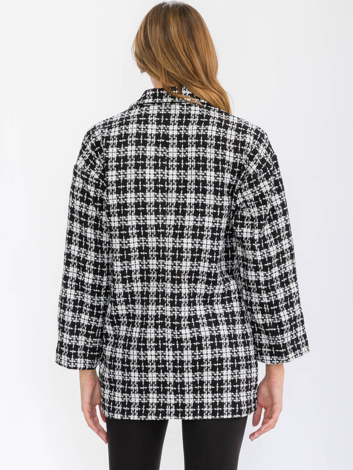 WOMEN'S LONG SLEEVE BUTTON CLOSURE FRONT POCKETS PLAID JACKET