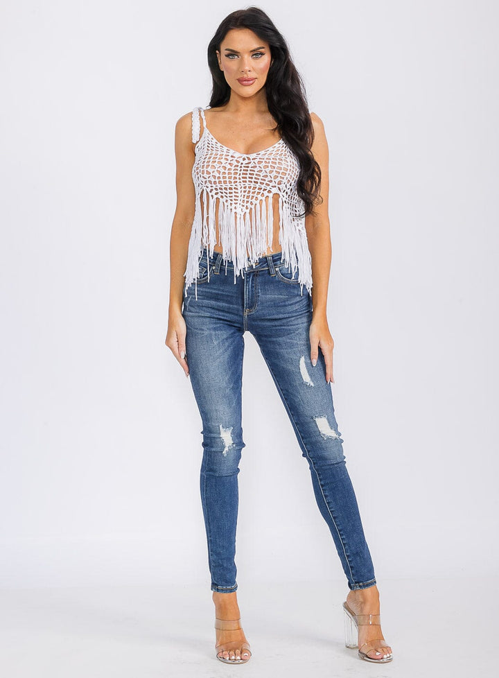 WOMEN'S SLEEVELESS V-NECK KNITTED FRINGE TANK TOP