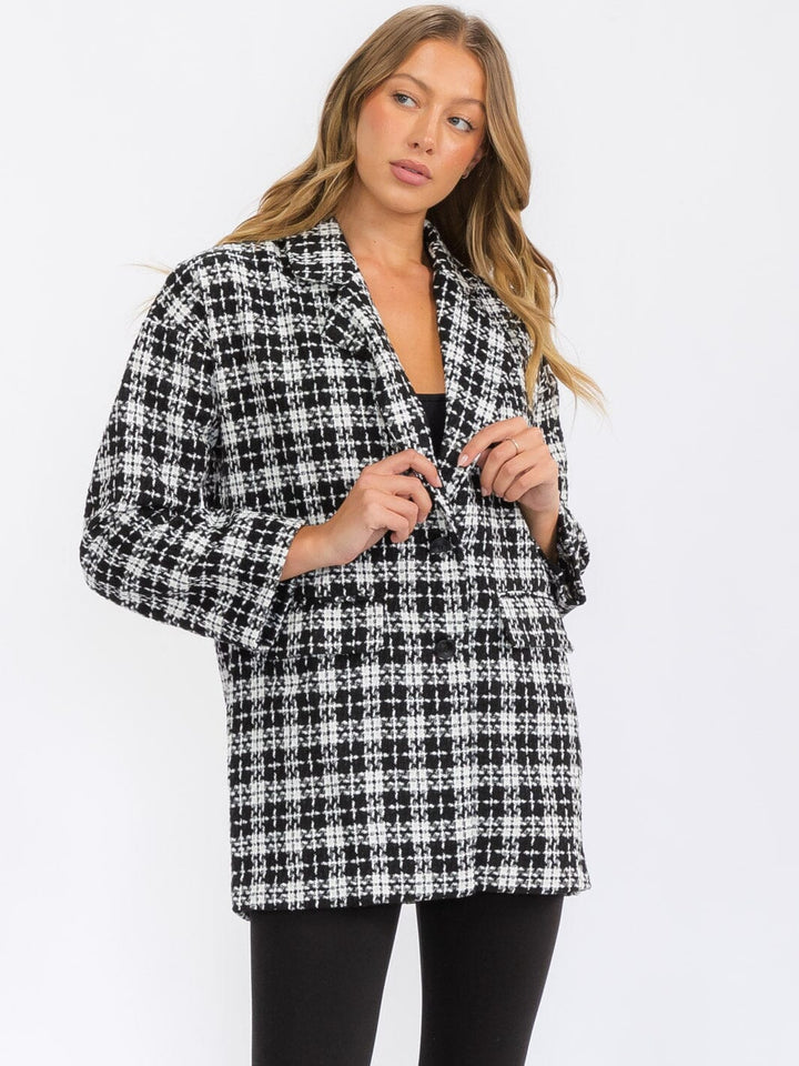 WOMEN'S LONG SLEEVE BUTTON CLOSURE FRONT POCKETS PLAID JACKET