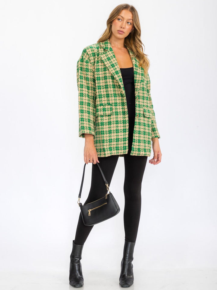 WOMEN'S LONG SLEEVE BUTTON CLOSURE FRONT POCKETS PLAID JACKET
