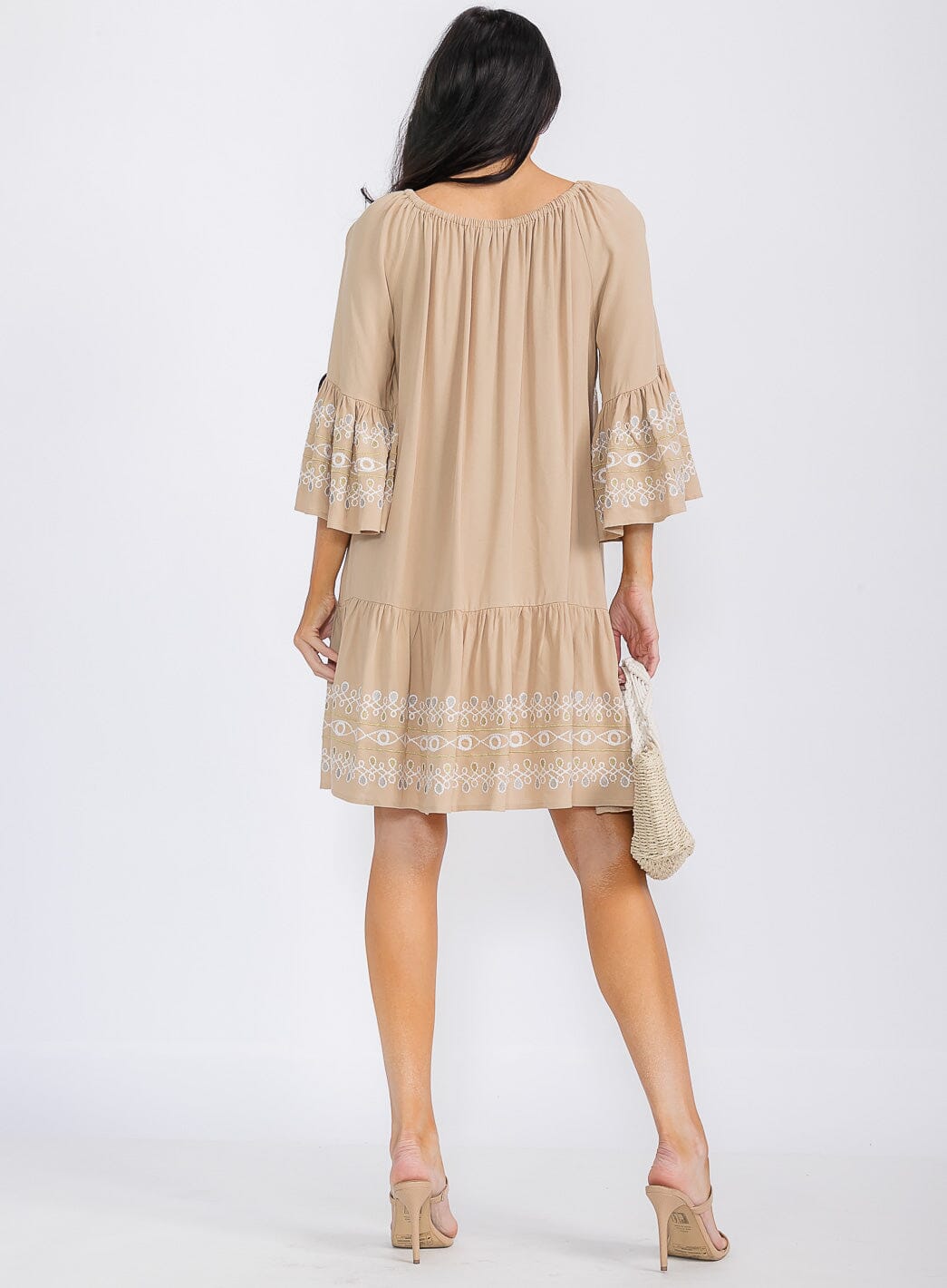 WOMEN'S 3/4 RUFFLE SLEEVE EMBROIDERY TUNIC MINI DRESS