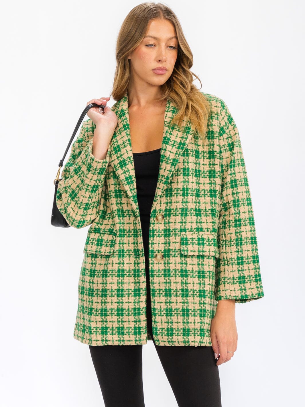 WOMEN'S LONG SLEEVE BUTTON CLOSURE FRONT POCKETS PLAID JACKET