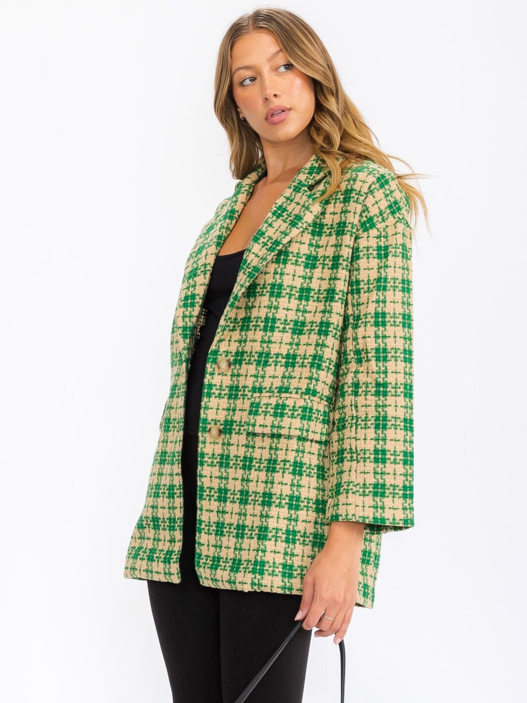WOMEN'S LONG SLEEVE BUTTON CLOSURE FRONT POCKETS PLAID JACKET