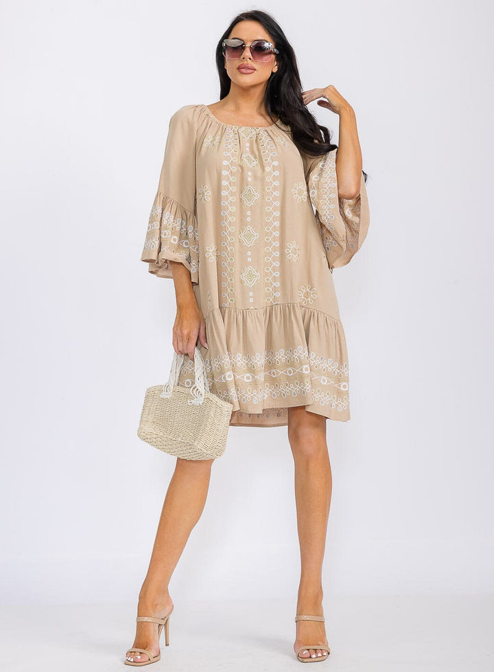 WOMEN'S 3/4 RUFFLE SLEEVE EMBROIDERY TUNIC MINI DRESS