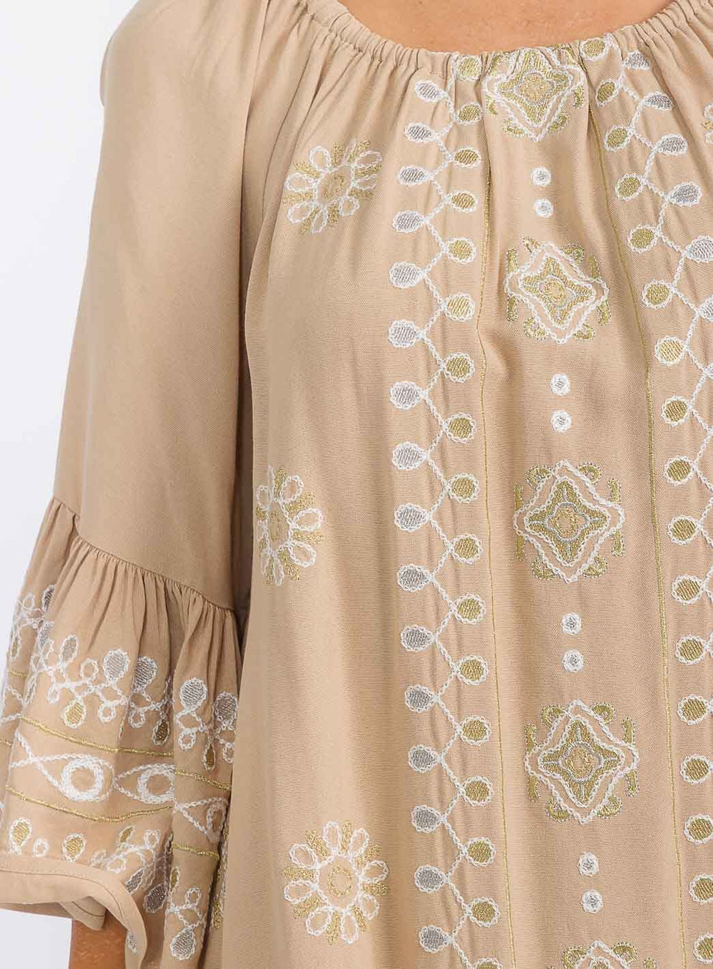 WOMEN'S 3/4 RUFFLE SLEEVE EMBROIDERY TUNIC MINI DRESS