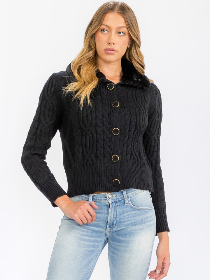 WOMEN'S LONG SLEEVE BUTTON CLOSURE CABLE KNIT SHERPA DETAILED SWEATER