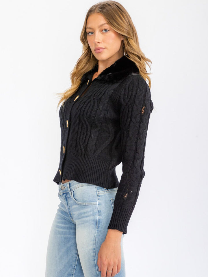 WOMEN'S LONG SLEEVE BUTTON CLOSURE CABLE KNIT SHERPA DETAILED SWEATER