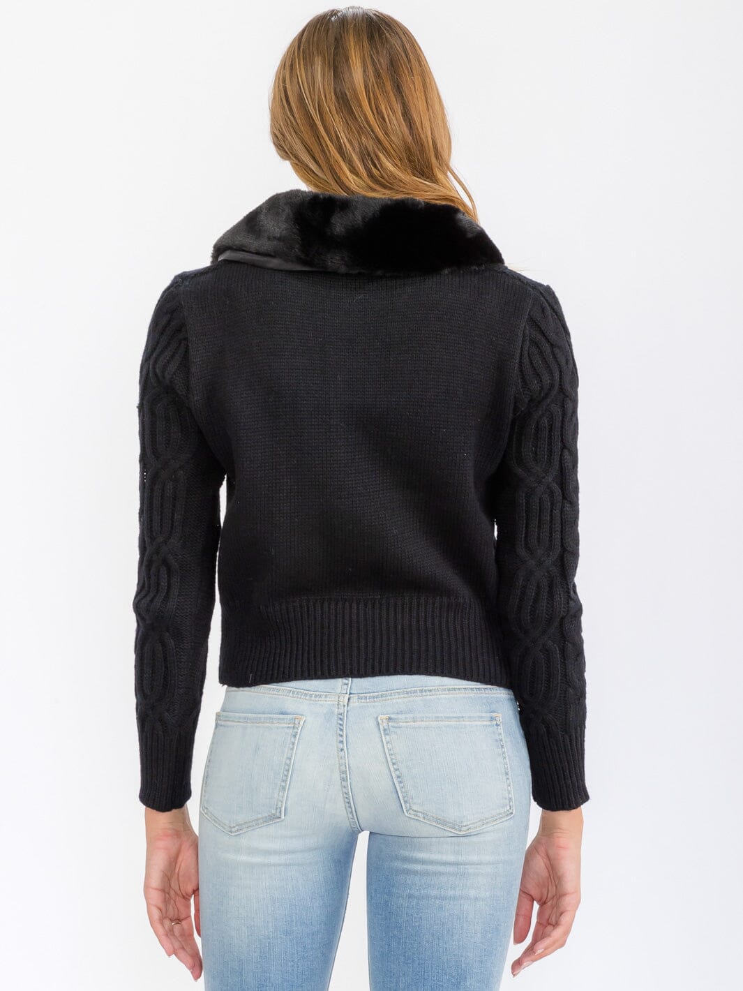 WOMEN'S LONG SLEEVE BUTTON CLOSURE CABLE KNIT SHERPA DETAILED SWEATER