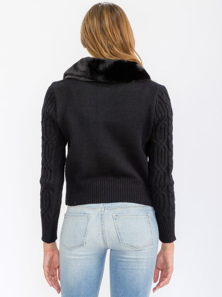 WOMEN'S LONG SLEEVE BUTTON CLOSURE CABLE KNIT SHERPA DETAILED SWEATER
