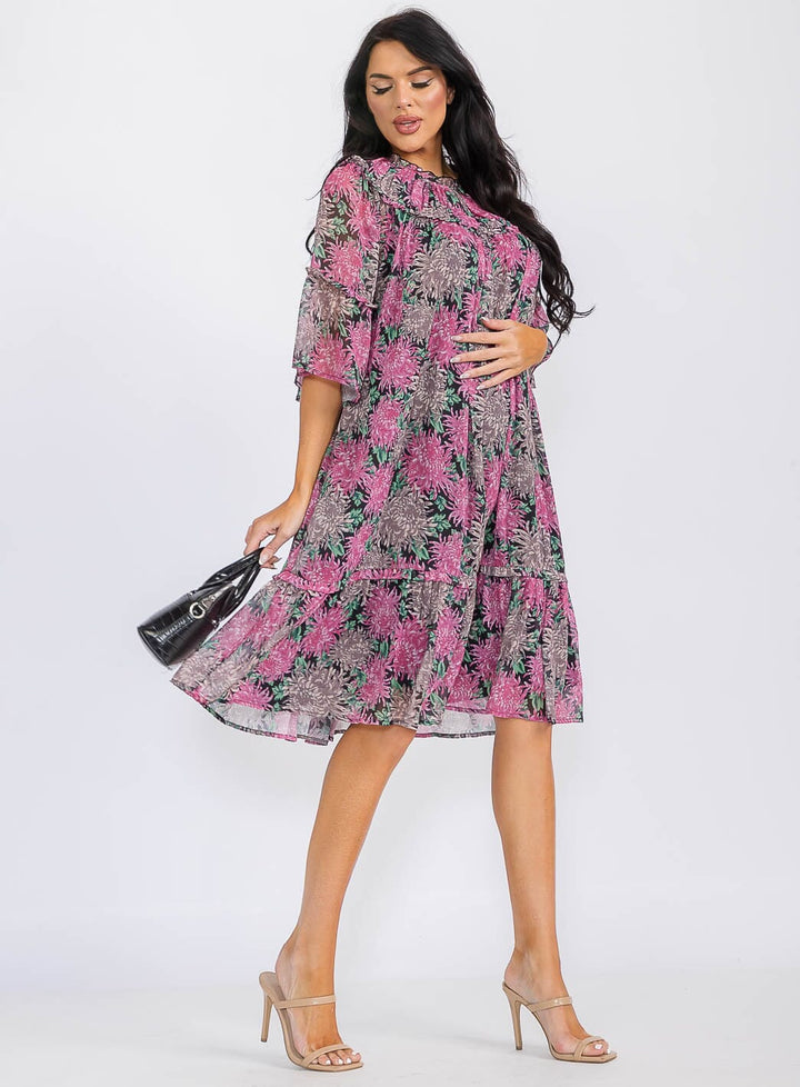 WOMEN'S SHORT SLEEVE FLORAL TUNIC MINI DRESS