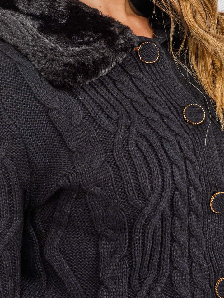 WOMEN'S LONG SLEEVE BUTTON CLOSURE CABLE KNIT SHERPA DETAILED SWEATER