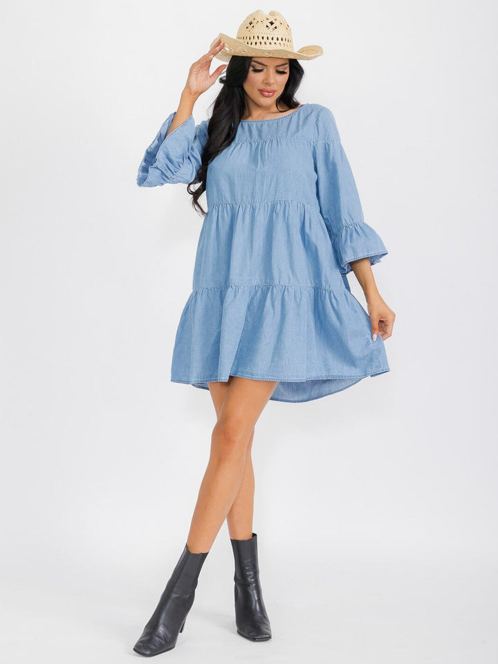 WOMEN'S 3/4 SLEEVE TIERED CHAMBRAY MINI DRESS