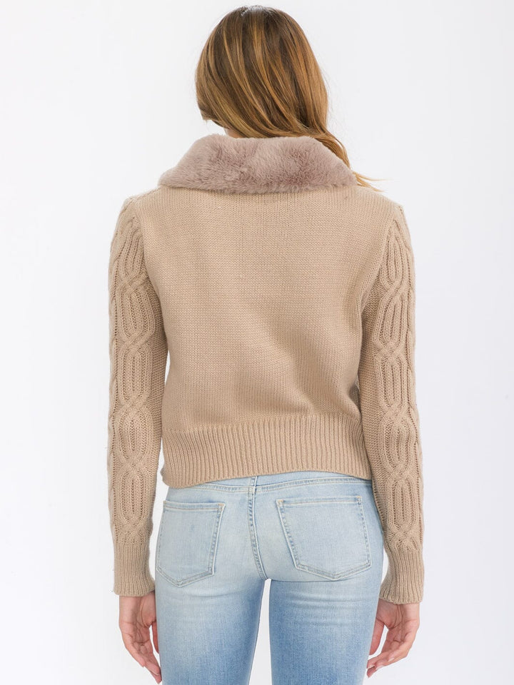 WOMEN'S LONG SLEEVE BUTTON CLOSURE CABLE KNIT SHERPA DETAILED SWEATER