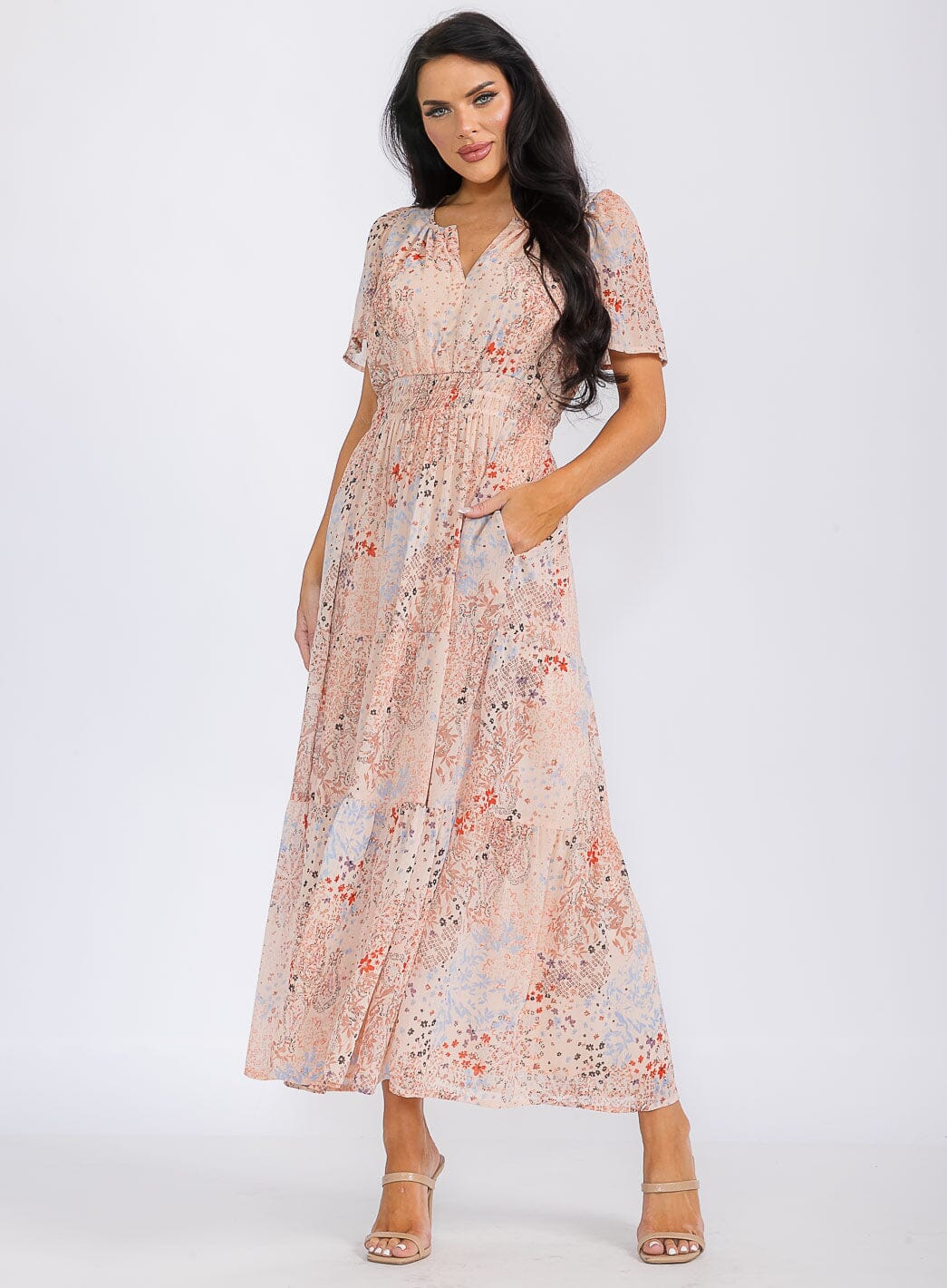 WOMEN'S SHORT SLEEVE V-NECK ELASTIC WAIST FRONT POCKETS FLORAL MAXI DRESS