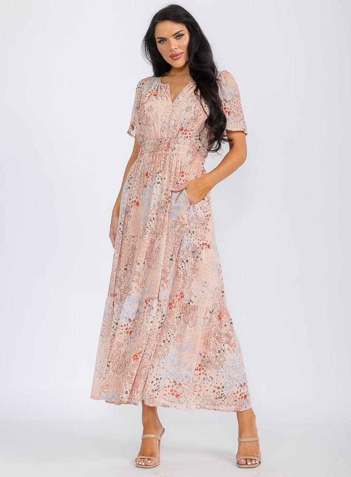 WOMEN'S SHORT SLEEVE V-NECK ELASTIC WAIST FRONT POCKETS FLORAL MAXI DRESS