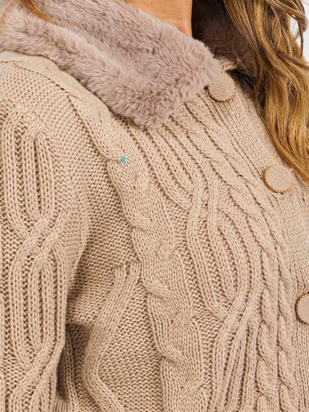 WOMEN'S LONG SLEEVE BUTTON CLOSURE CABLE KNIT SHERPA DETAILED SWEATER
