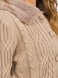 WOMEN'S LONG SLEEVE BUTTON CLOSURE CABLE KNIT SHERPA DETAILED SWEATER
