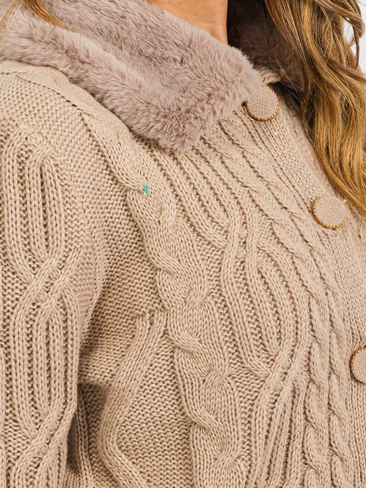WOMEN'S LONG SLEEVE BUTTON CLOSURE CABLE KNIT SHERPA DETAILED SWEATER