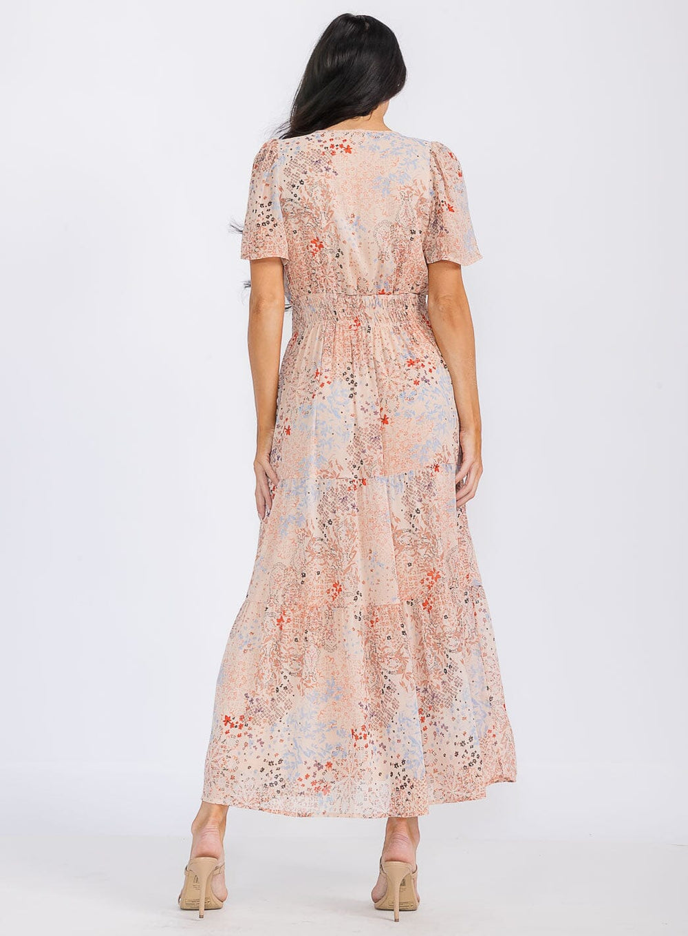 WOMEN'S SHORT SLEEVE V-NECK ELASTIC WAIST FRONT POCKETS FLORAL MAXI DRESS
