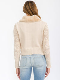 WOMEN'S LONG SLEEVE BUTTON CLOSURE CABLE KNIT SHERPA DETAILED SWEATER