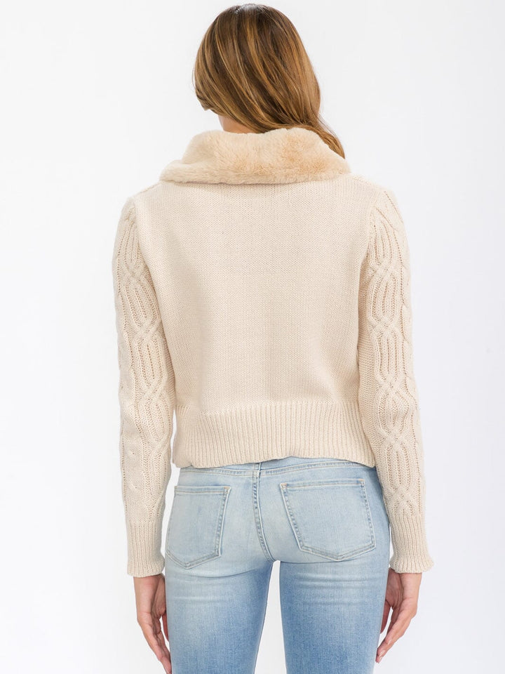 WOMEN'S LONG SLEEVE BUTTON CLOSURE CABLE KNIT SHERPA DETAILED SWEATER