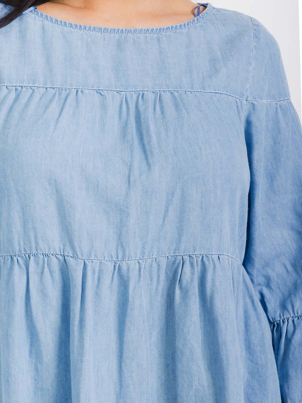 WOMEN'S 3/4 SLEEVE TIERED CHAMBRAY MINI DRESS